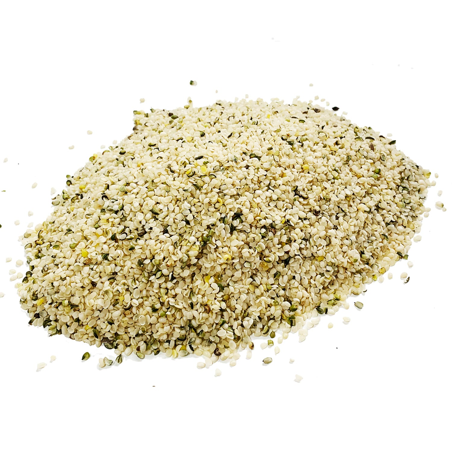 Hemp seed hearts in a pile of a white background